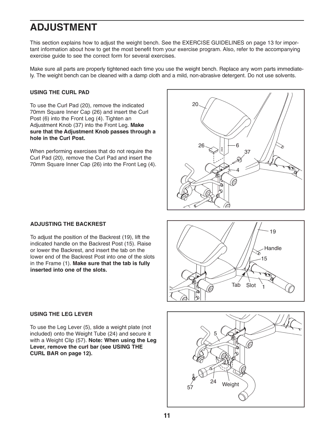 Weider 831.15715.0 user manual Adjustment, Using the Curl PAD, Adjusting the Backrest, Using the LEG Lever 