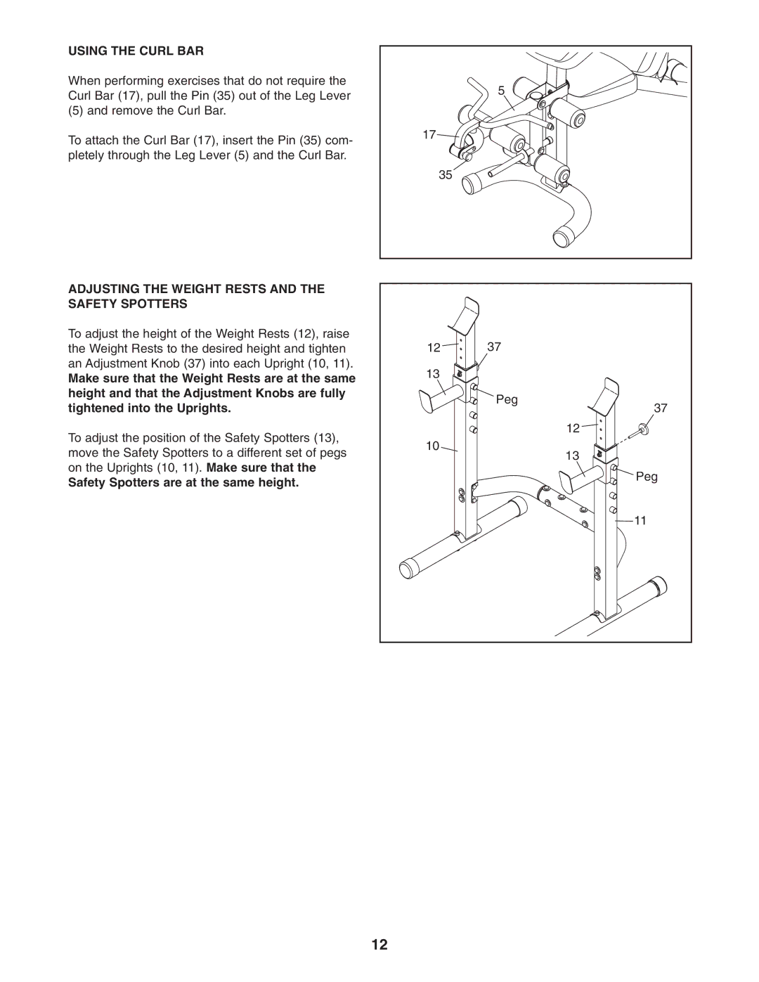 Weider 831.15715.0 user manual Using the Curl BAR, Adjusting the Weight Rests and the Safety Spotters 