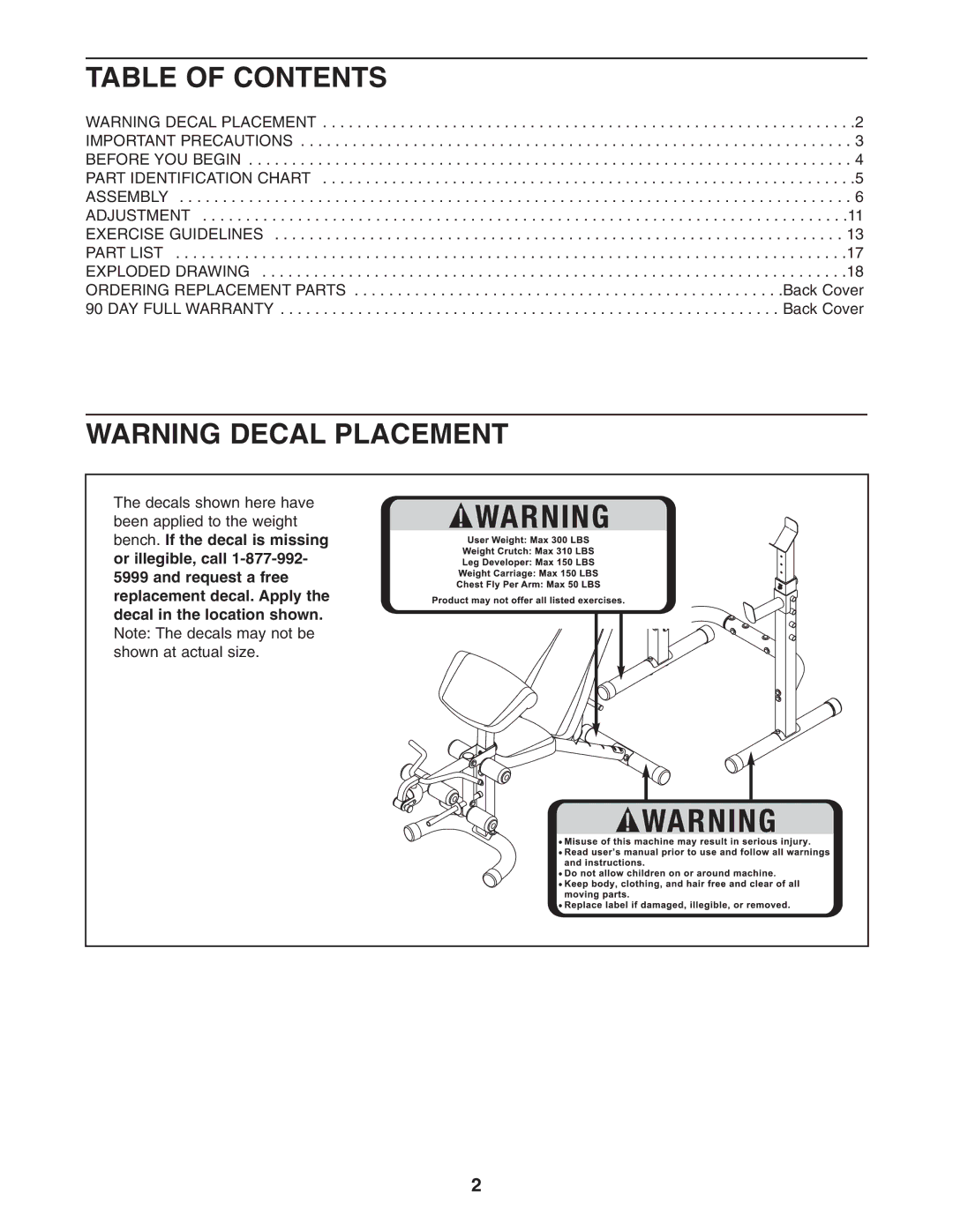 Weider 831.15715.0 user manual Table of Contents 