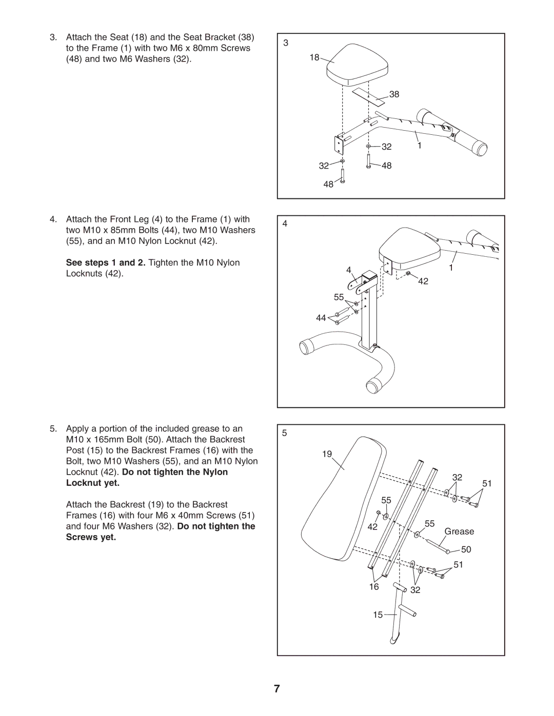 Weider 831.15715.0 user manual Locknut 42. Do not tighten the Nylon Locknut yet, Screws yet 