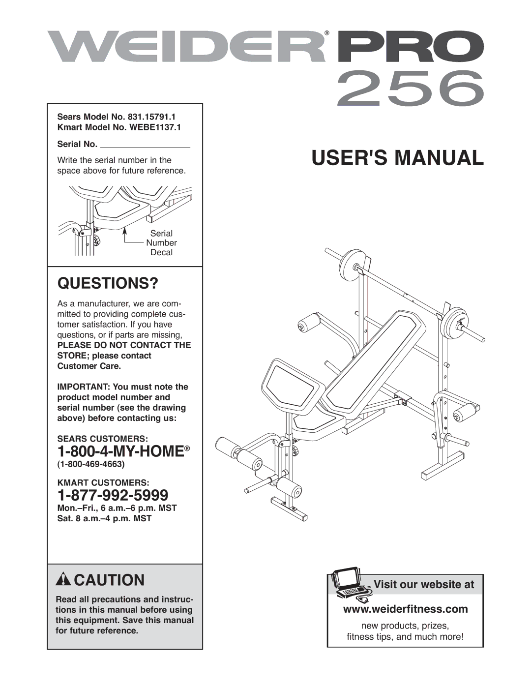 Weider 831.15791.1 user manual Questions?, 1SEARS-800CUSTO-4-MYERS-HOME 