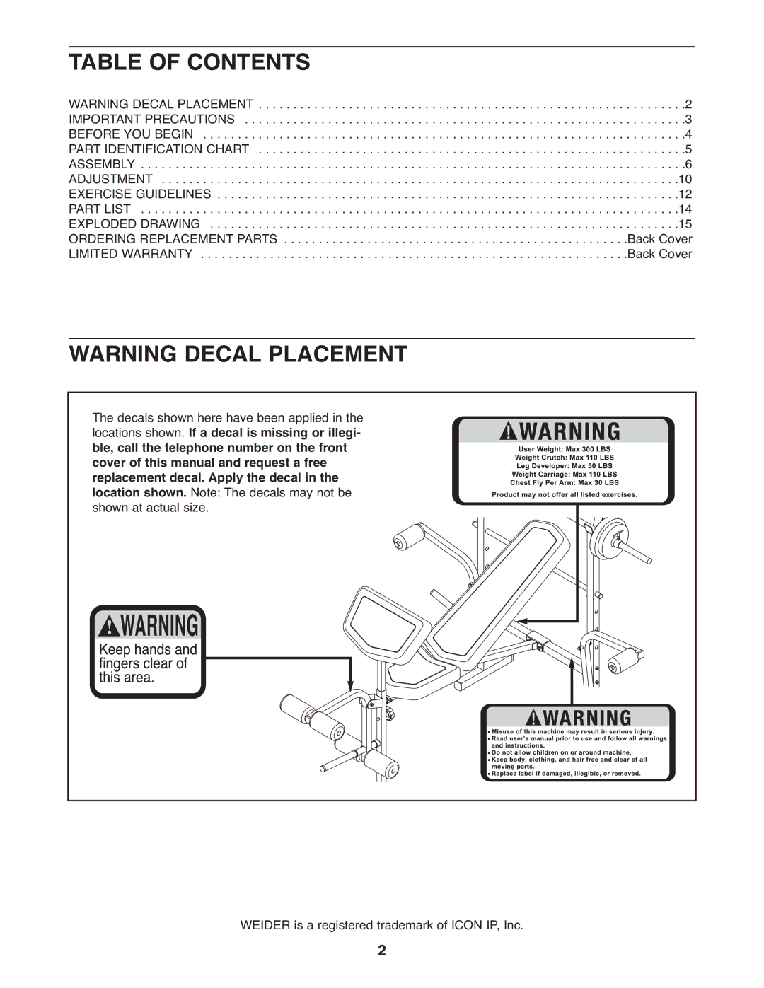 Weider 831.15791.1 user manual Table of Contents 