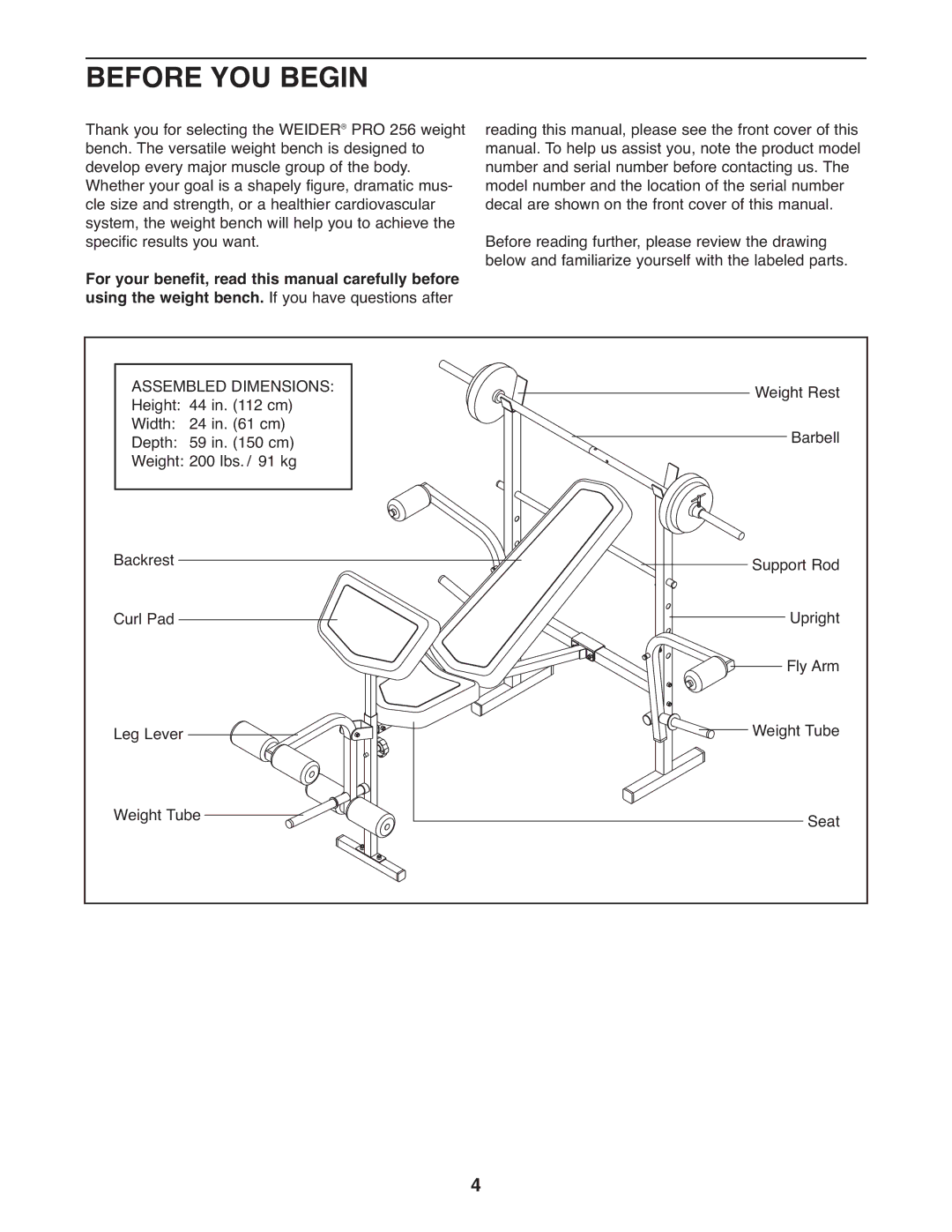 Weider 831.15791.1 user manual Before YOU Begin, Assembled Dimensions 