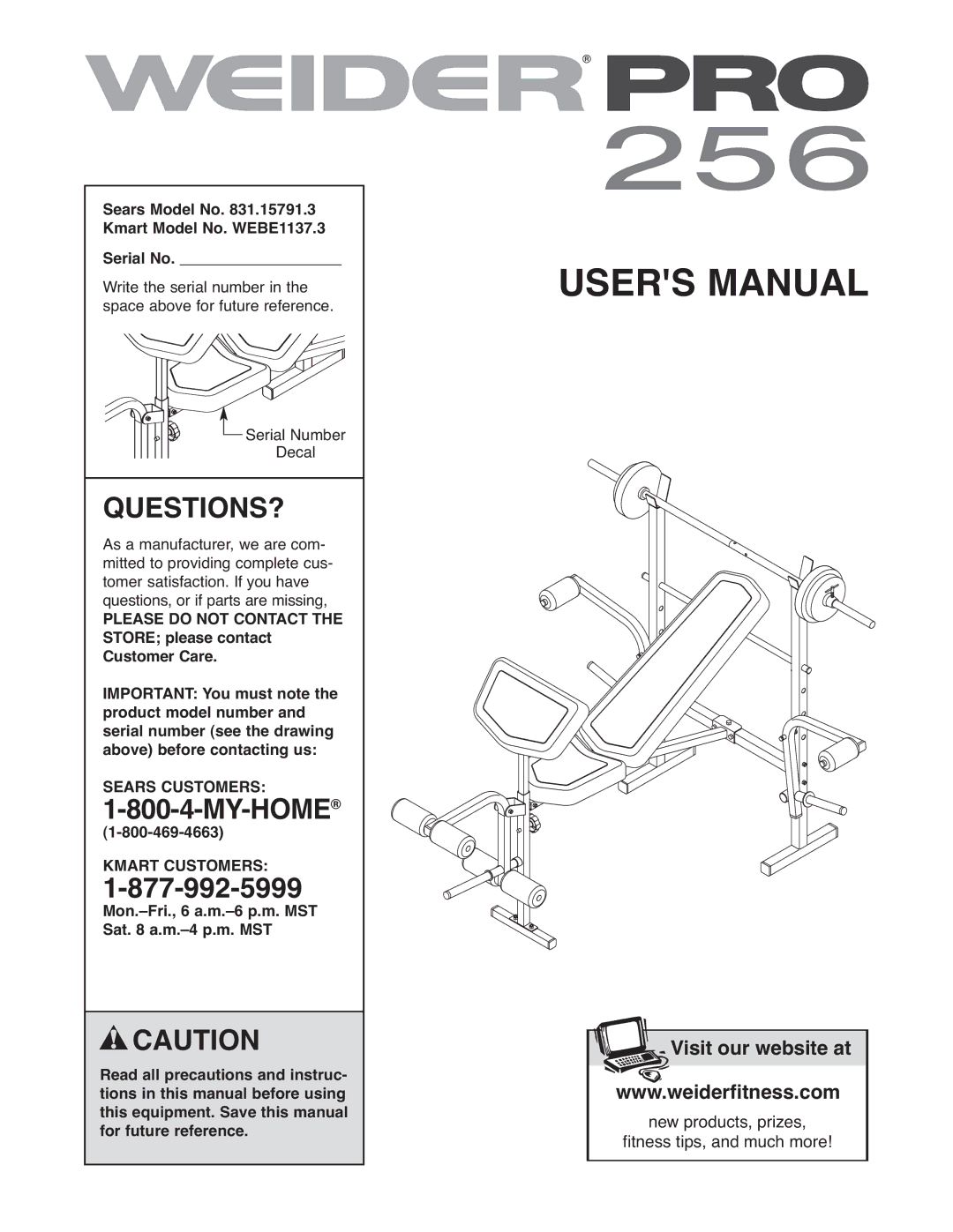 Weider 831.15791.3 user manual Questions?, 1SEARS-800CUSTO-4-MYERS-HOME 