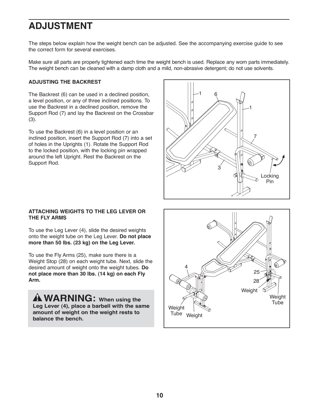 Weider 831.15791.3 user manual Adjustment, Adjusting the Backrest, Attaching Weights to the LEG Lever or the FLY Arms 