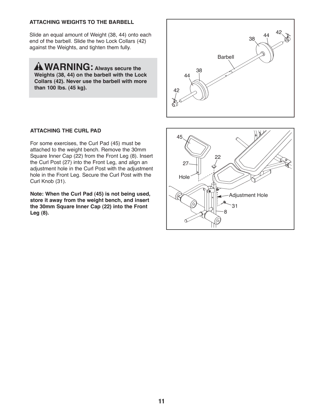 Weider 831.15791.3 user manual Attaching Weights to the Barbell, Attaching the Curl PAD 