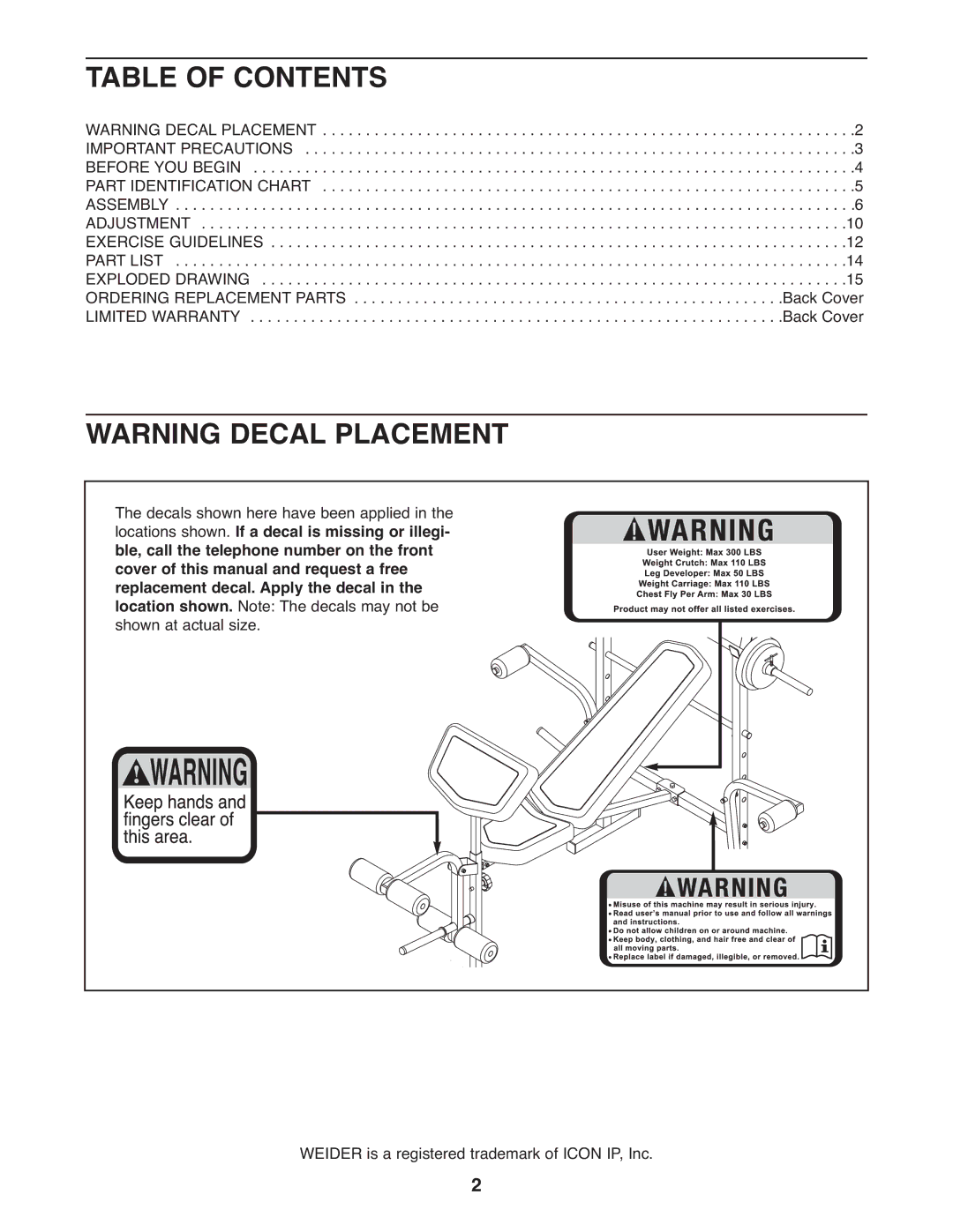 Weider 831.15791.3 user manual Table of Contents 