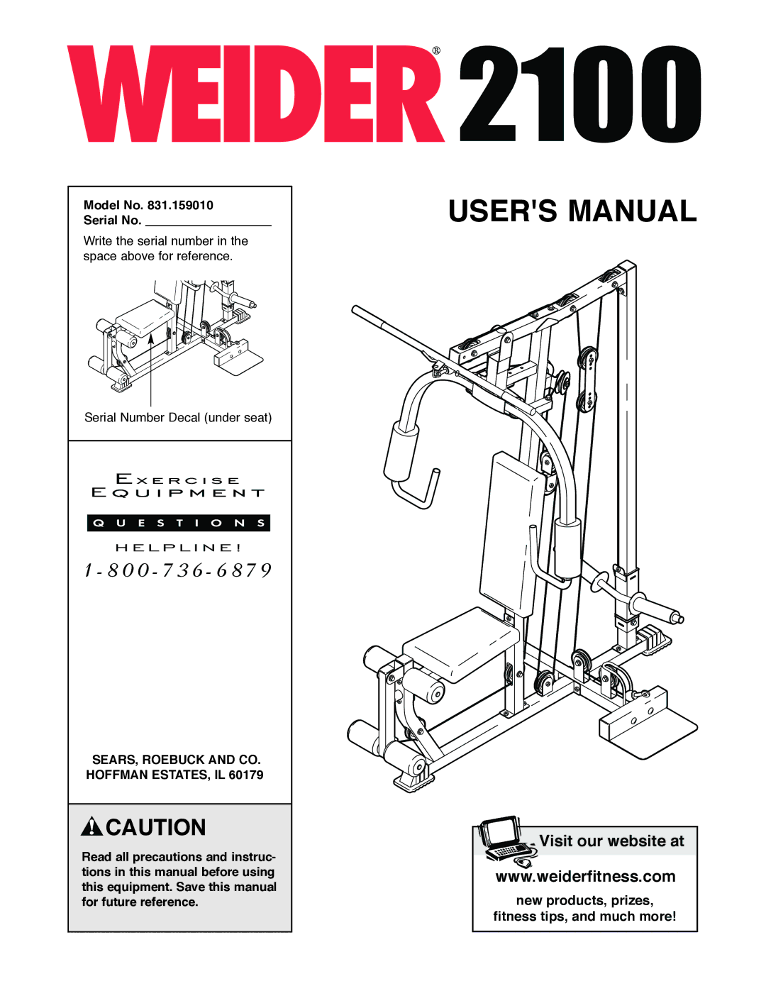 Weider 831.159010 user manual Model No Serial No, SEARS, Roebuck and CO. Hoffman ESTATES, IL 