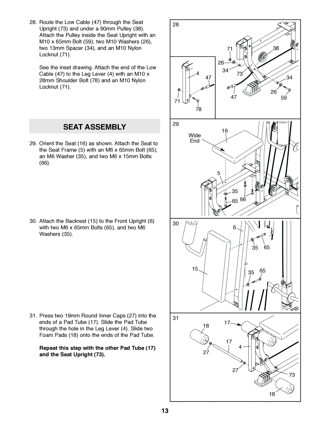 Weider 831.159010 user manual Seat Assembly 