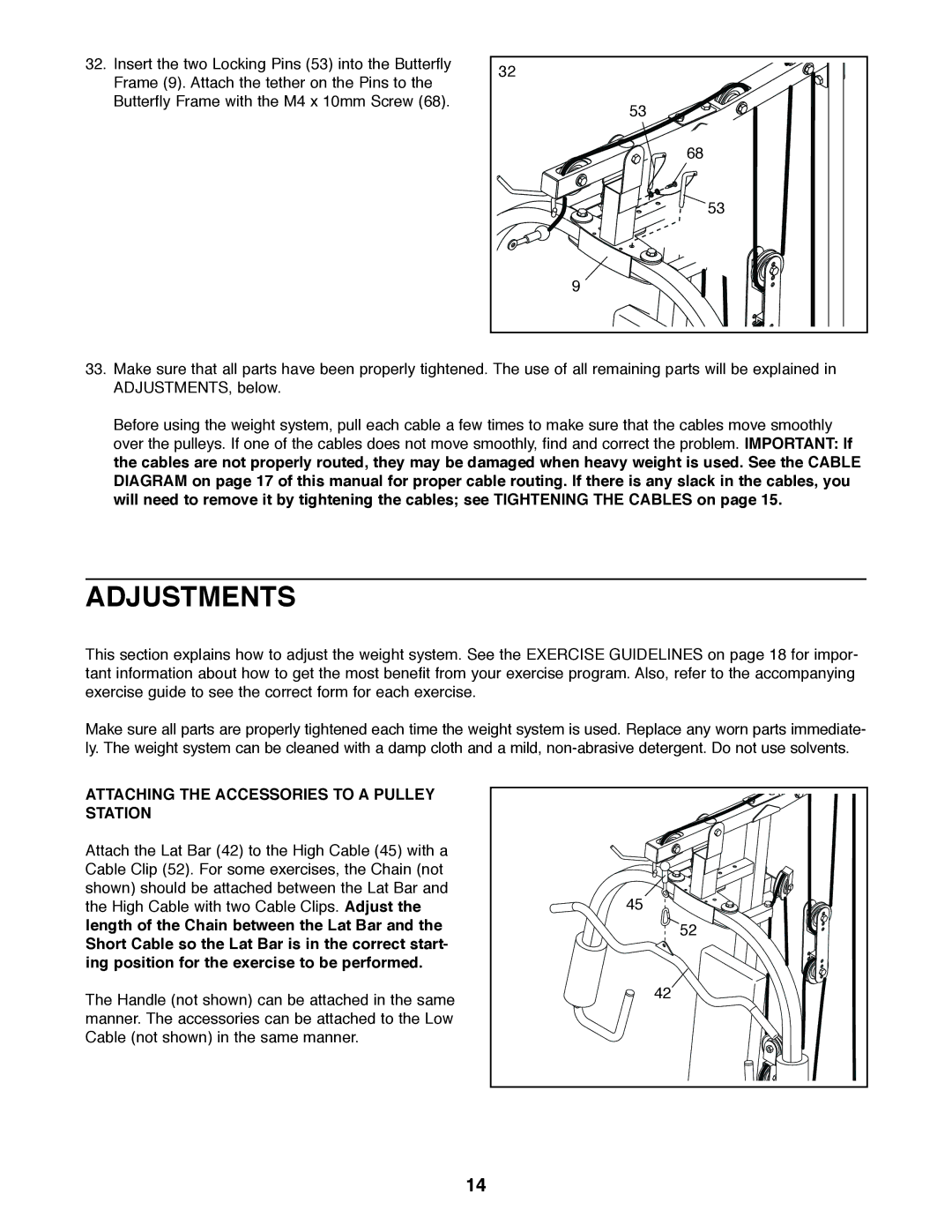 Weider 831.159010 user manual Adjustments, Attaching the Accessories to a Pulley Station 