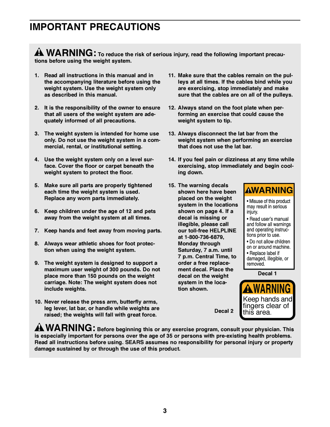 Weider 831.159010 user manual Important Precautions 