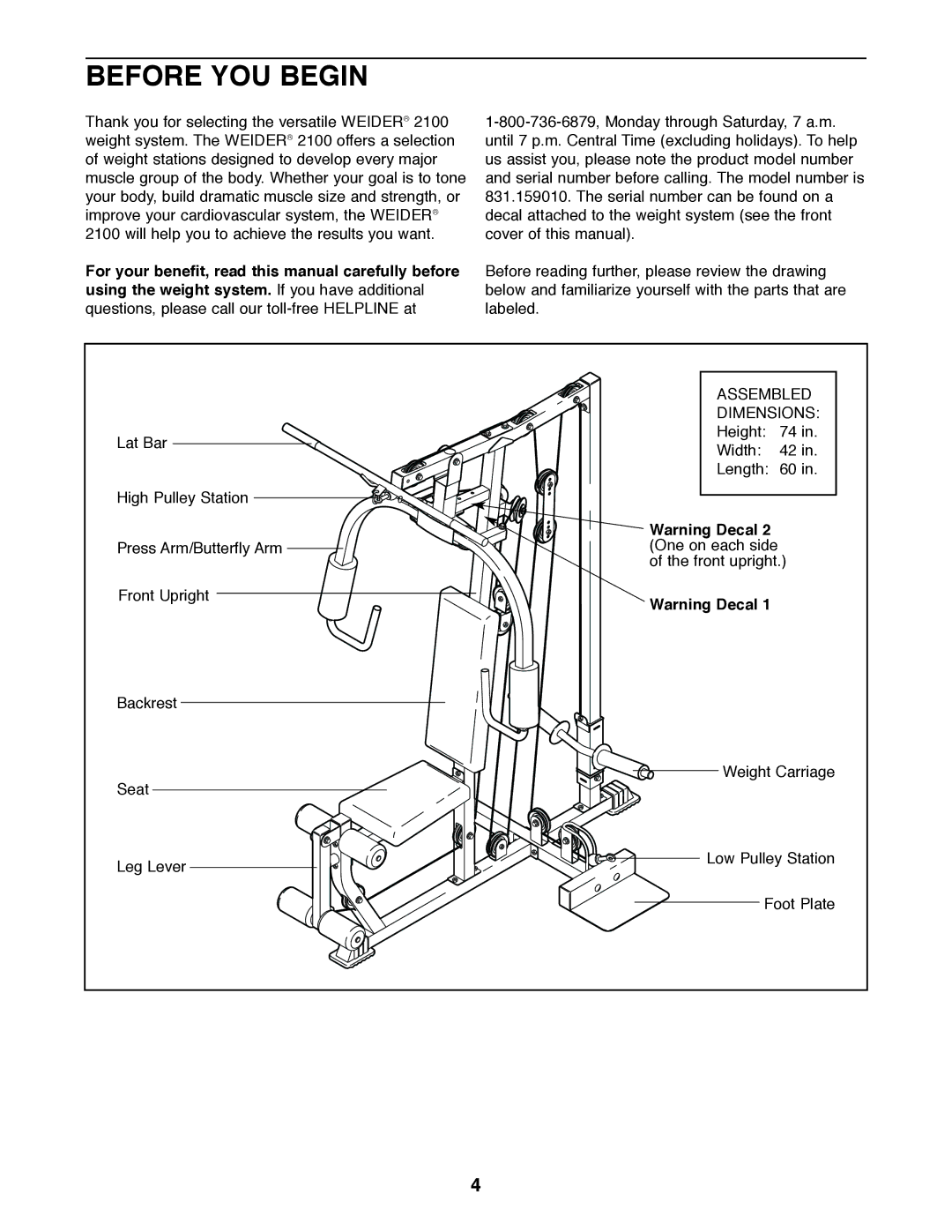 Weider 831.159010 user manual Before YOU Begin, For your benefit, read this manual carefully before 