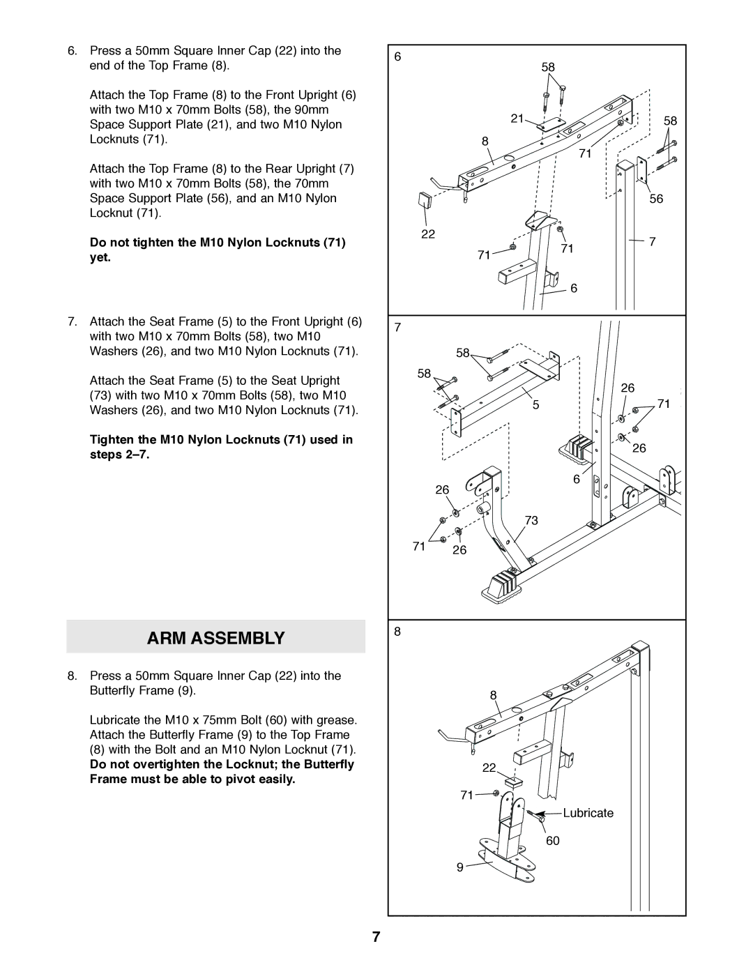 Weider 831.159010 user manual ARM Assembly, Tighten the M10 Nylon Locknuts 71 used in steps 