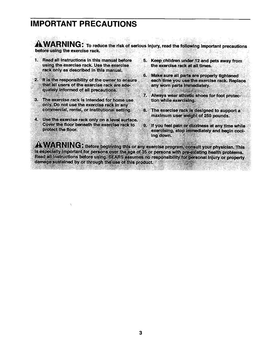 Weider 831.1591 user manual Important Precautions 