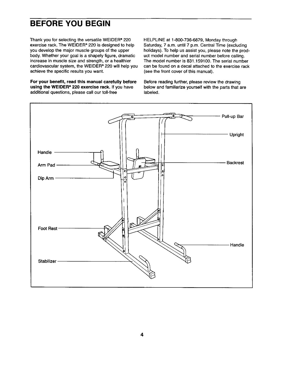 Weider 831.1591 user manual Before YOU Begin, Handle Arm Pad 