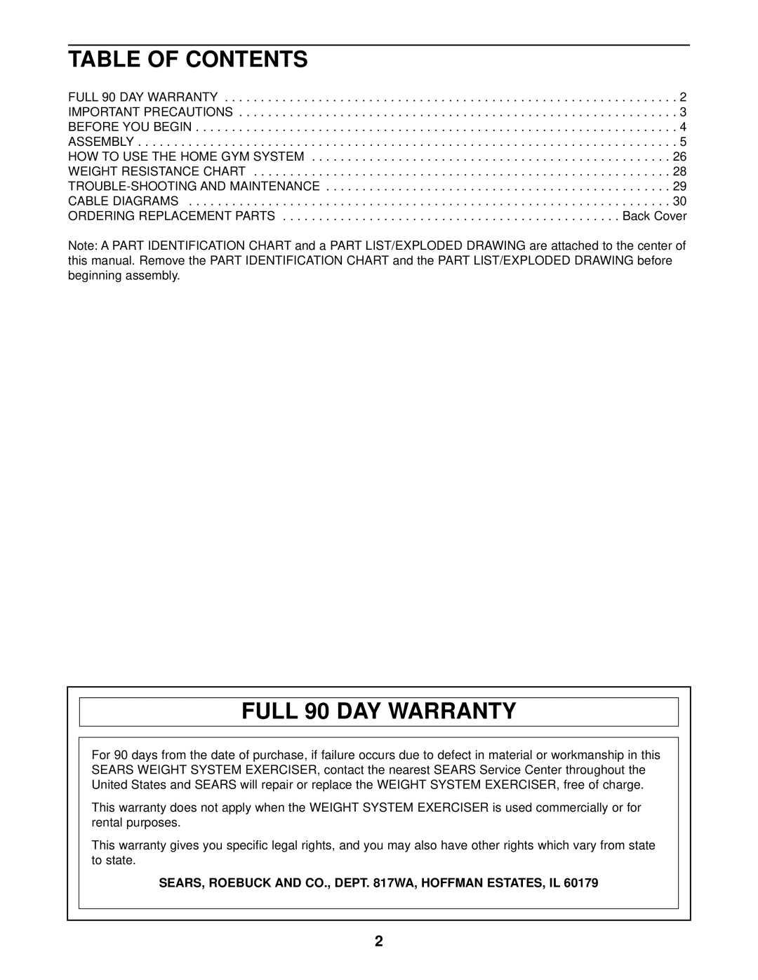 Weider 831.159290 user manual Table of Contents, Full 90 DAY Warranty 