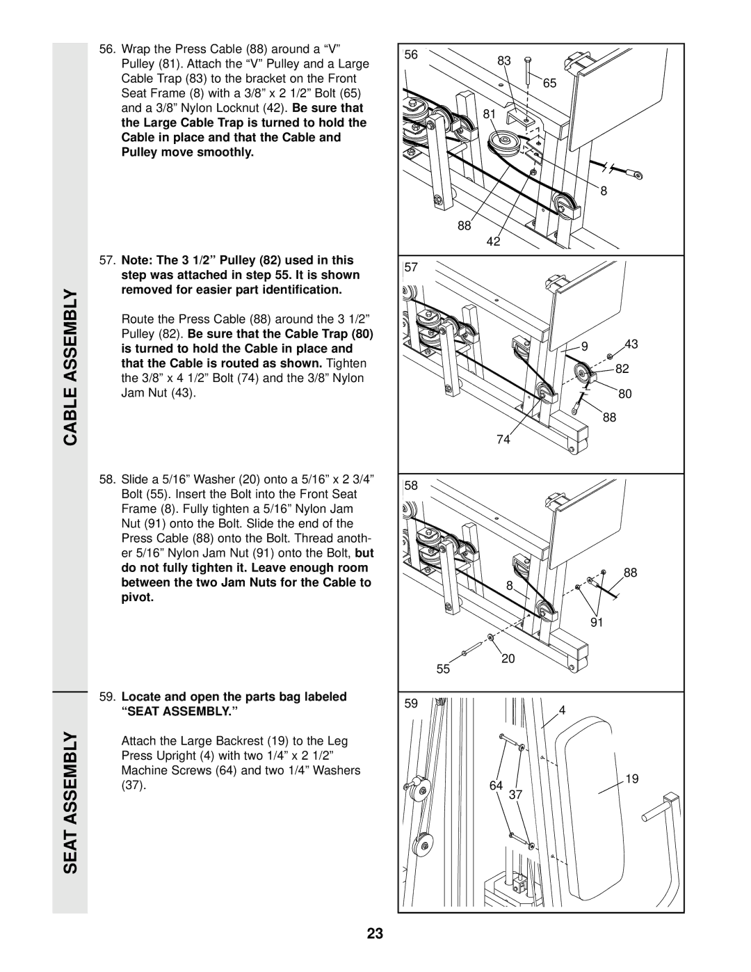 Weider 831.159290 user manual Cable Assembly Seat Assembly 