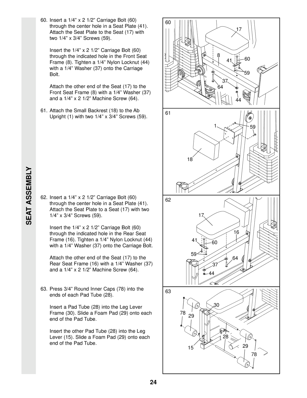 Weider 831.159290 user manual Seat Assembly 