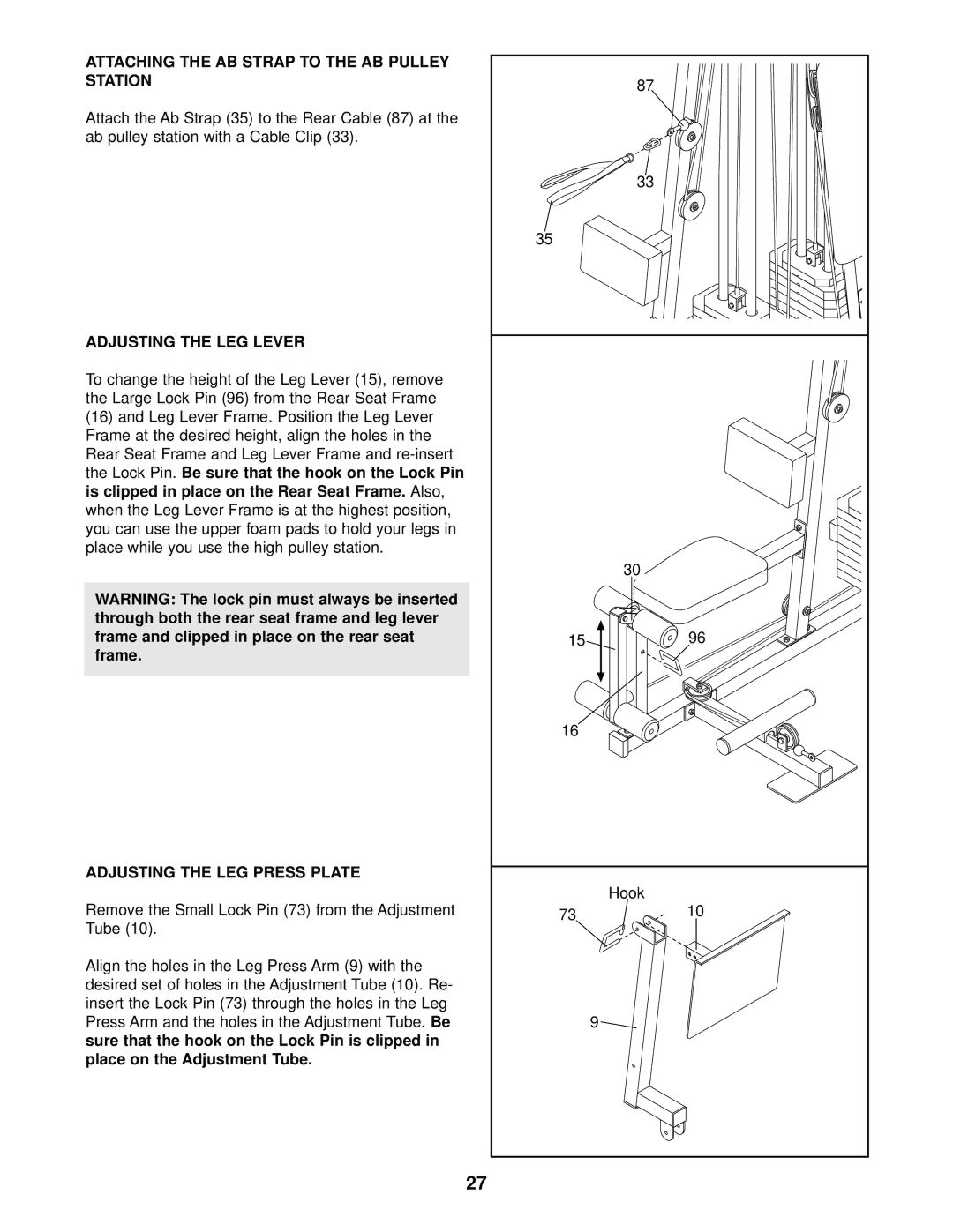 Weider 831.159290 Attaching the AB Strap to the AB Pulley Station, Adjusting the LEG Lever, Adjusting the LEG Press Plate 