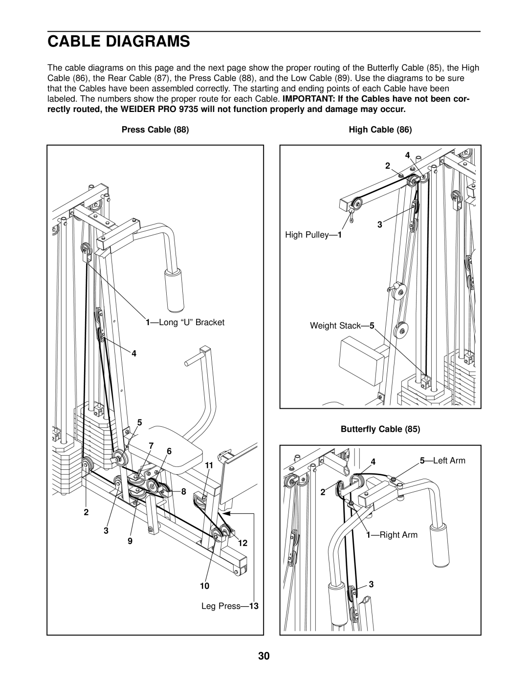 Weider 831.159290 Cable Diagrams, Press Cable High Cable Long U Bracket Leg Press-13, Butterfly Cable Left Arm Right Arm 