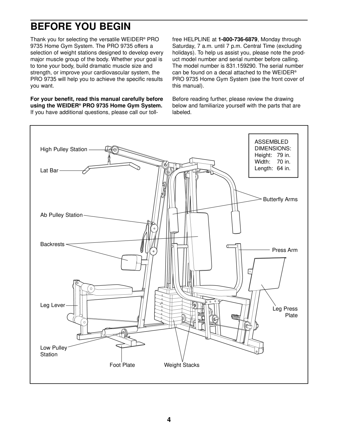 Weider 831.159290 user manual Before YOU Begin, Dimensions 