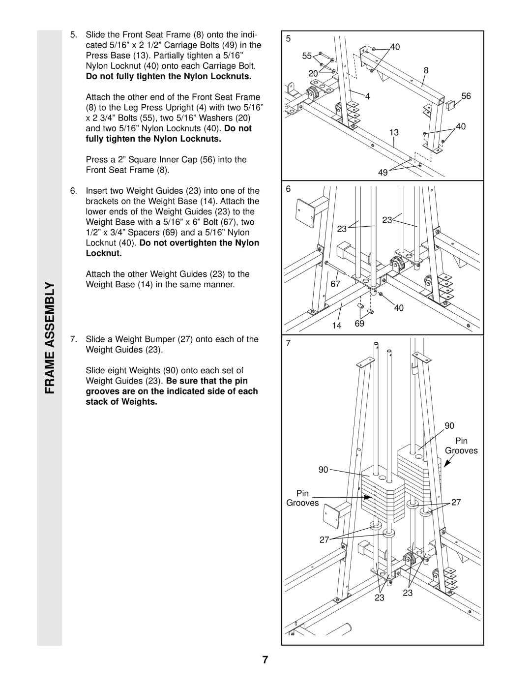 Weider 831.159290 user manual Fully tighten the Nylon Locknuts, Locknut 40. Do not overtighten the Nylon 