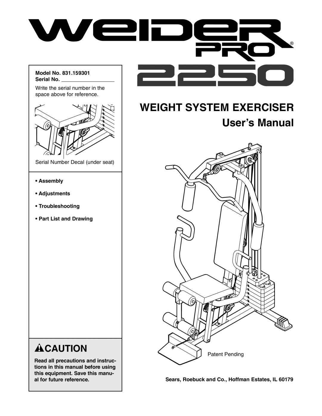 Weider 831.159301 user manual Model No Serial No, Sears, Roebuck and Co., Hoffman Estates, IL 