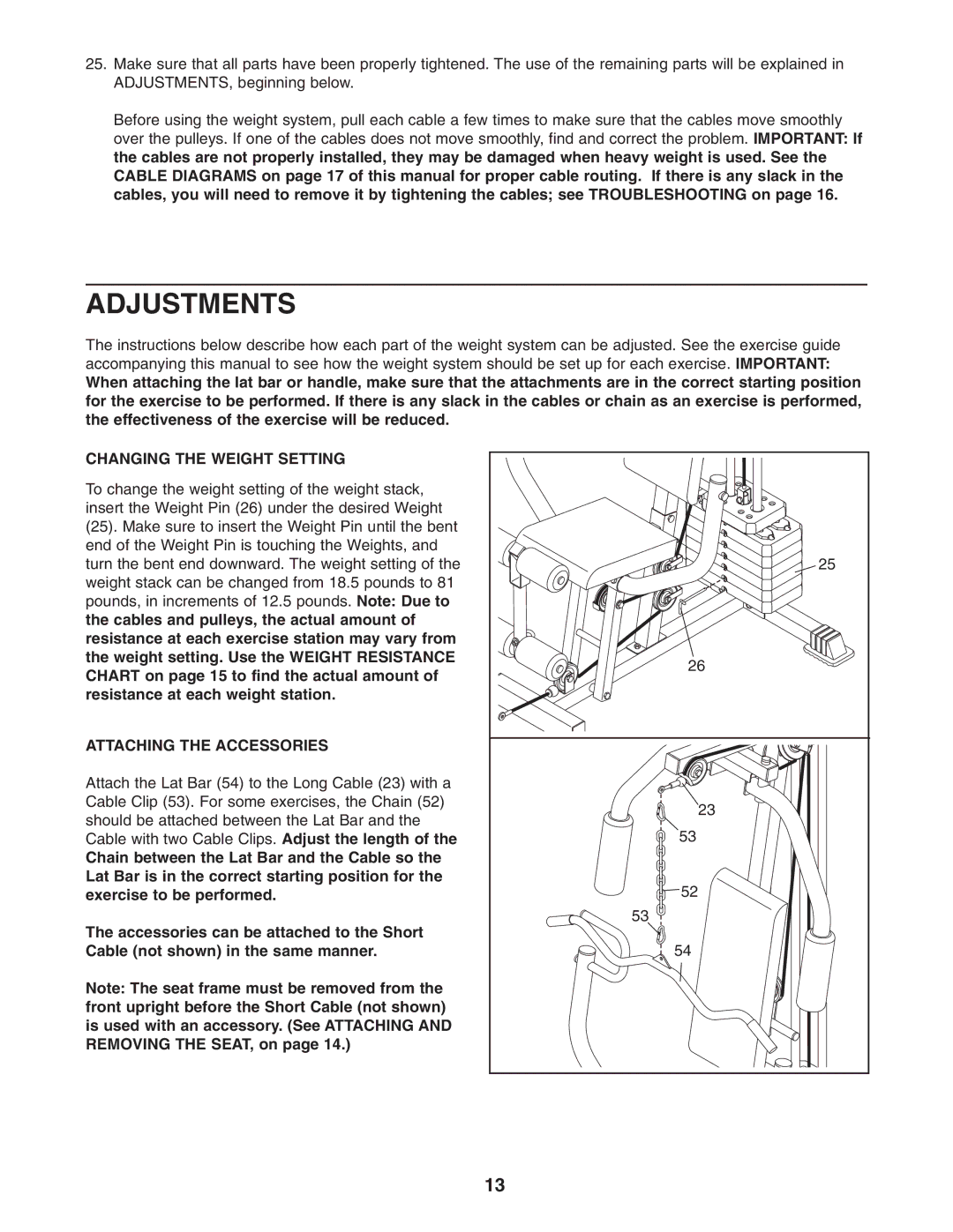 Weider 831.159301 user manual Adjustments, Changing the Weight Setting, Attaching the Accessories 