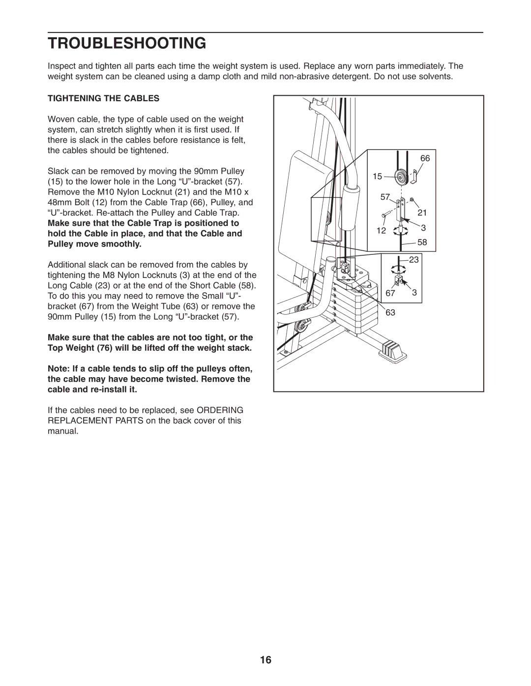 Weider 831.159301 user manual Troubleshooting, Tightening the Cables 