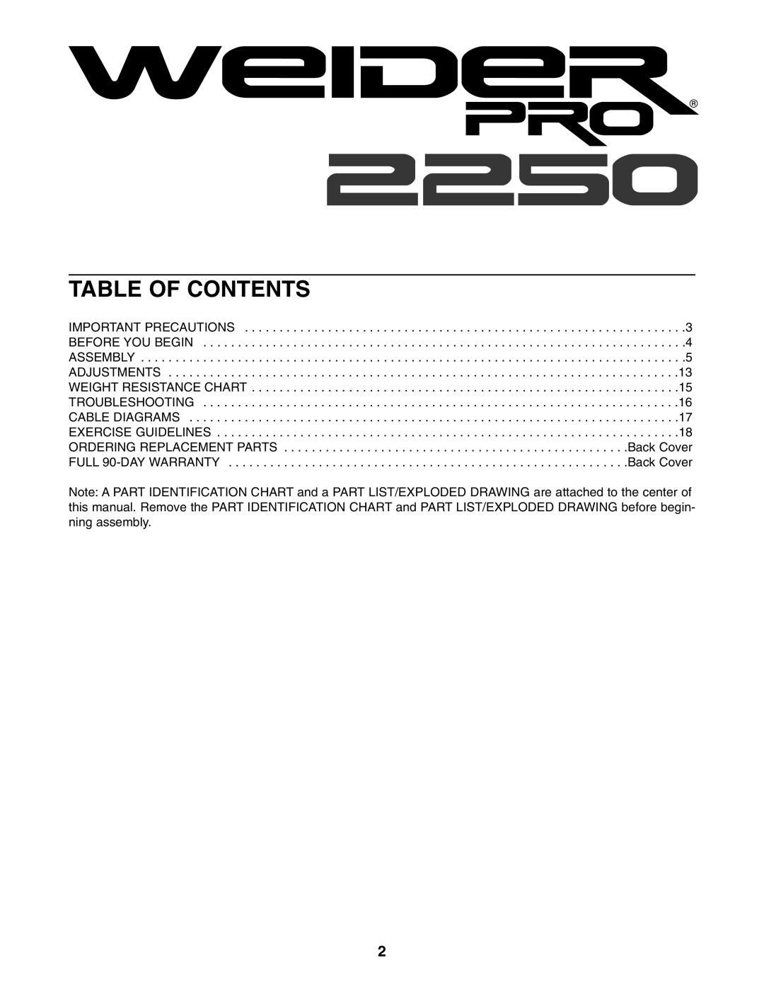 Weider 831.159301 user manual Table of Contents 