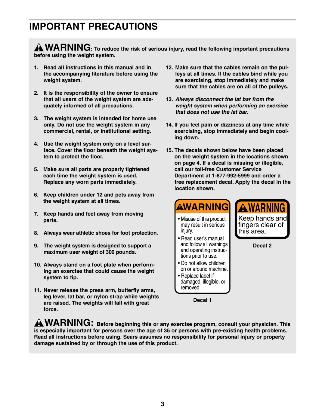 Weider 831.159301 user manual Important Precautions, Decal 