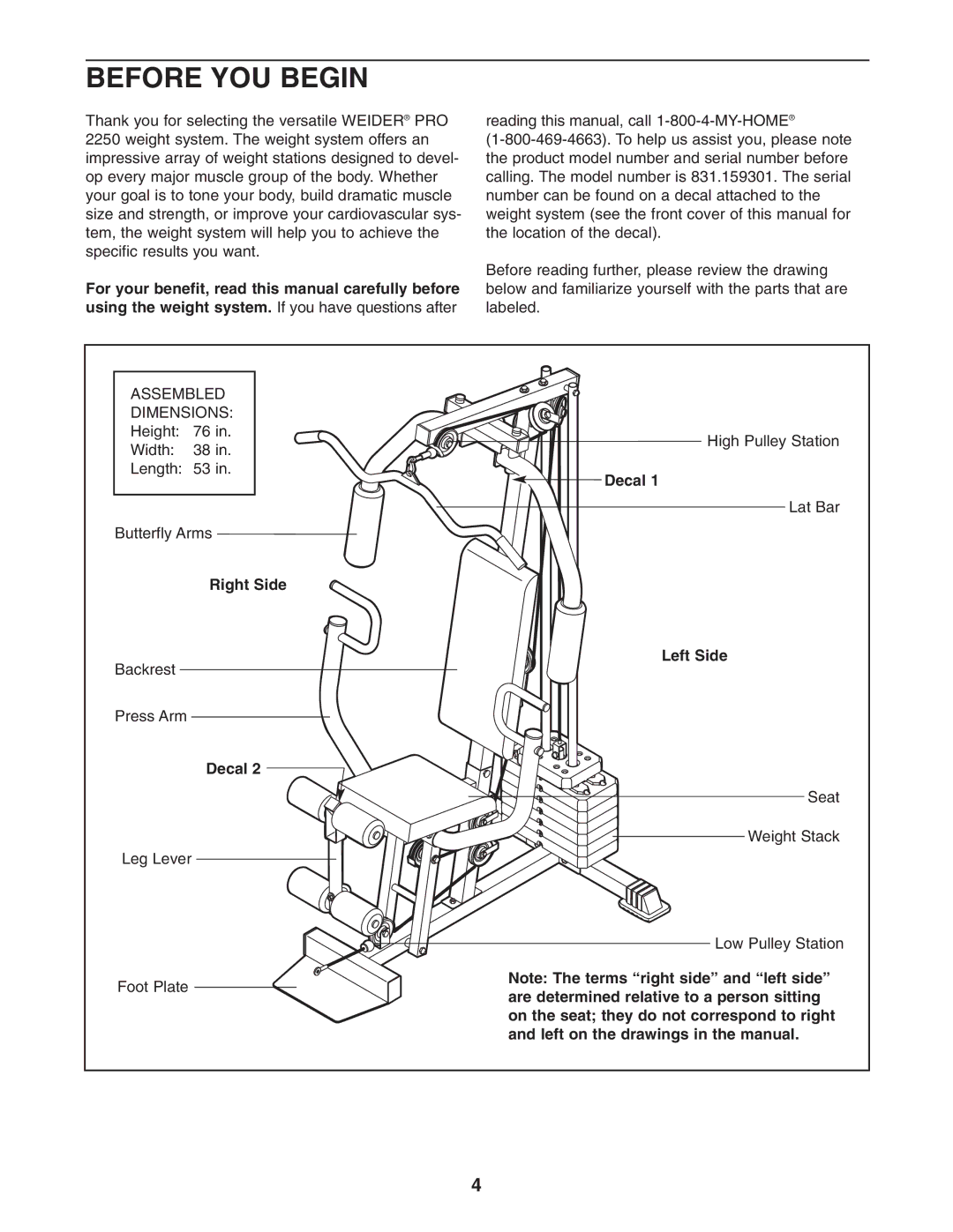 Weider 831.159301 user manual Before YOU Begin, Right Side, Left Side 