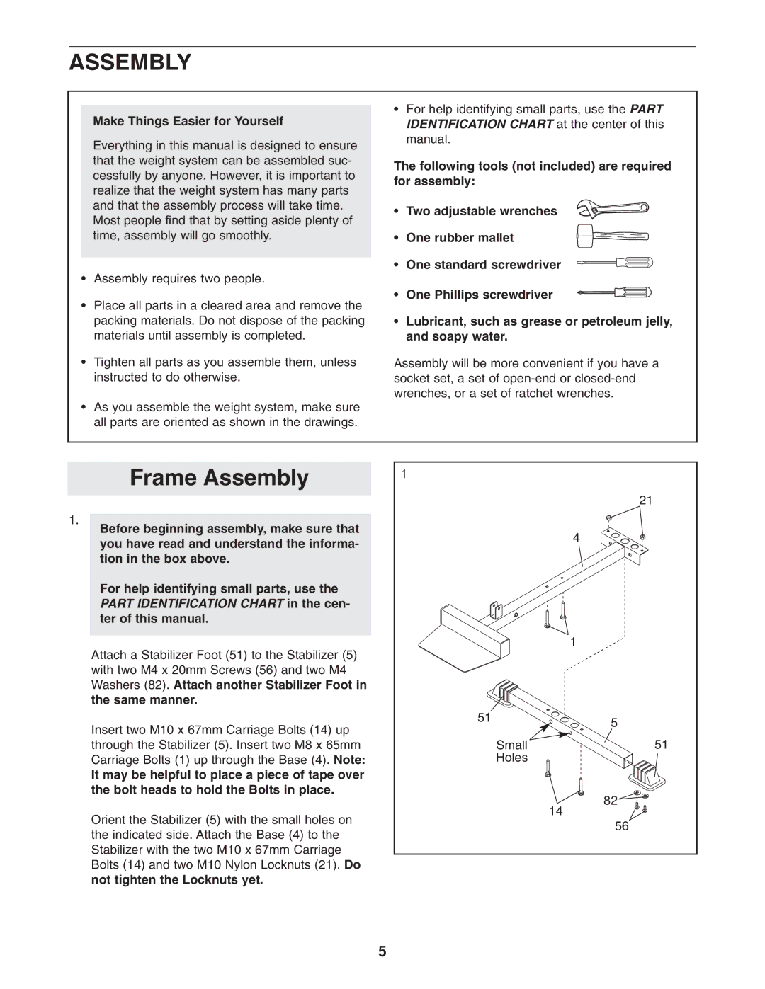 Weider 831.159301 user manual Frame Assembly, Make Things Easier for Yourself 