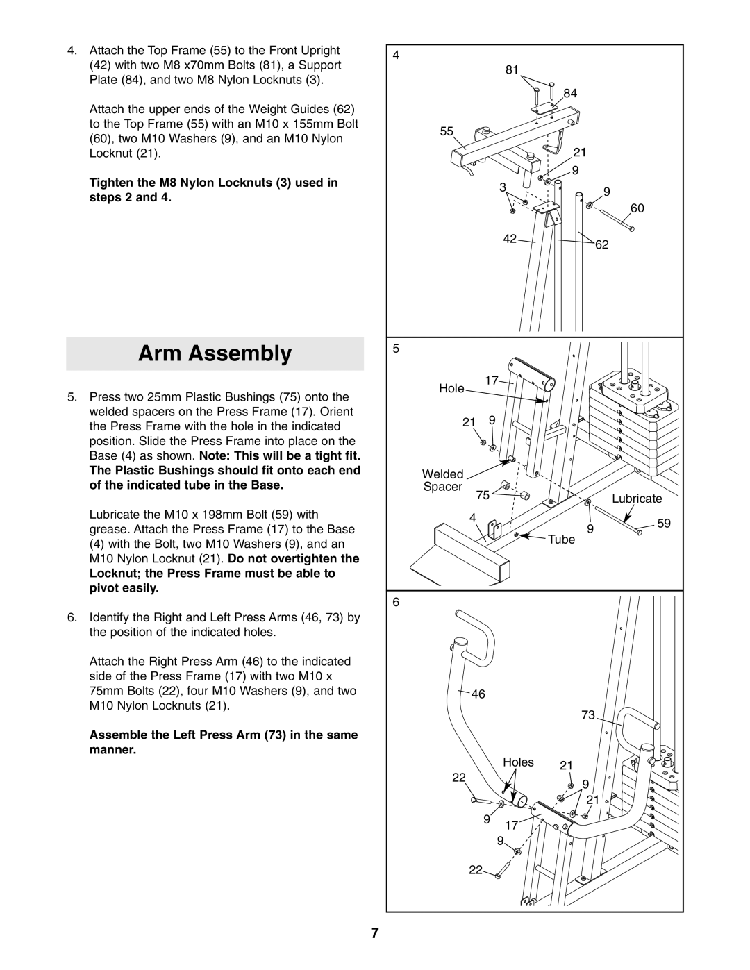 Weider 831.159301 user manual Arm Assembly, Tighten the M8 Nylon Locknuts 3 used in steps 2 