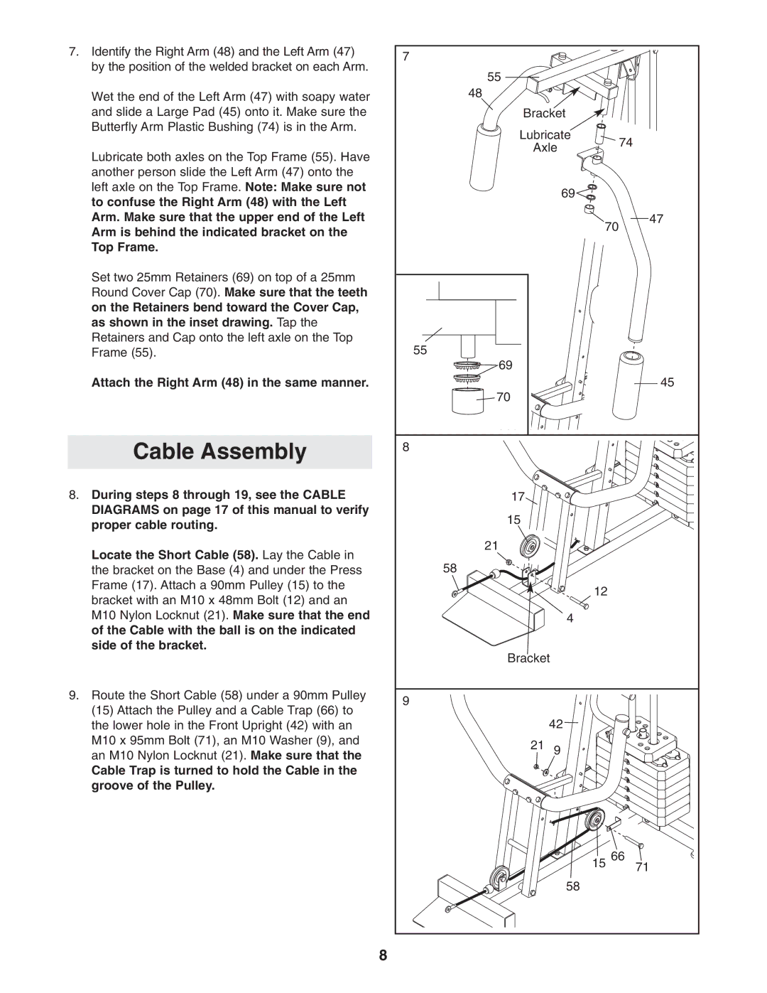 Weider 831.159301 user manual Cable Assembly, Attach the Right Arm 48 in the same manner 