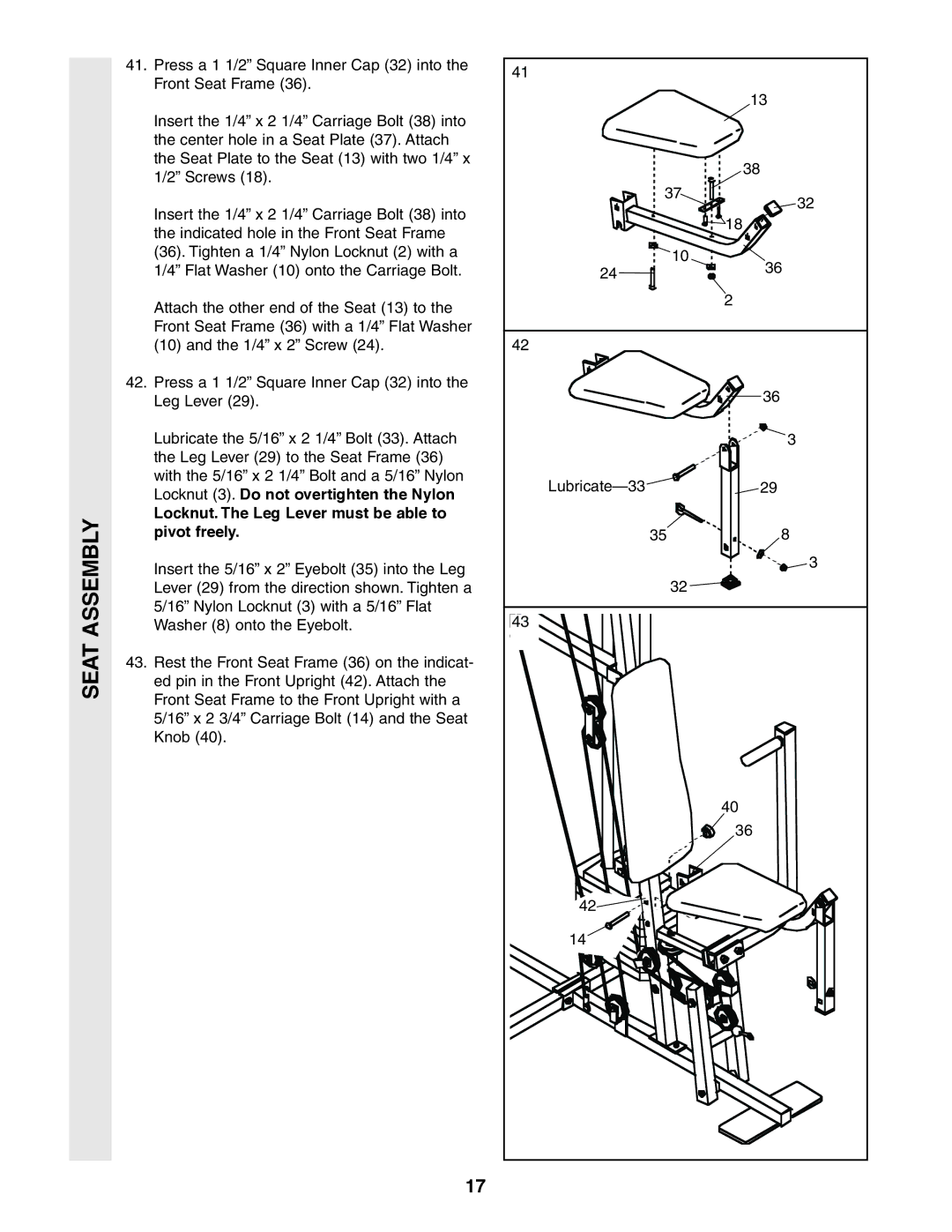 Weider 831.159360 user manual Locknut. The Leg Lever must be able to pivot freely 