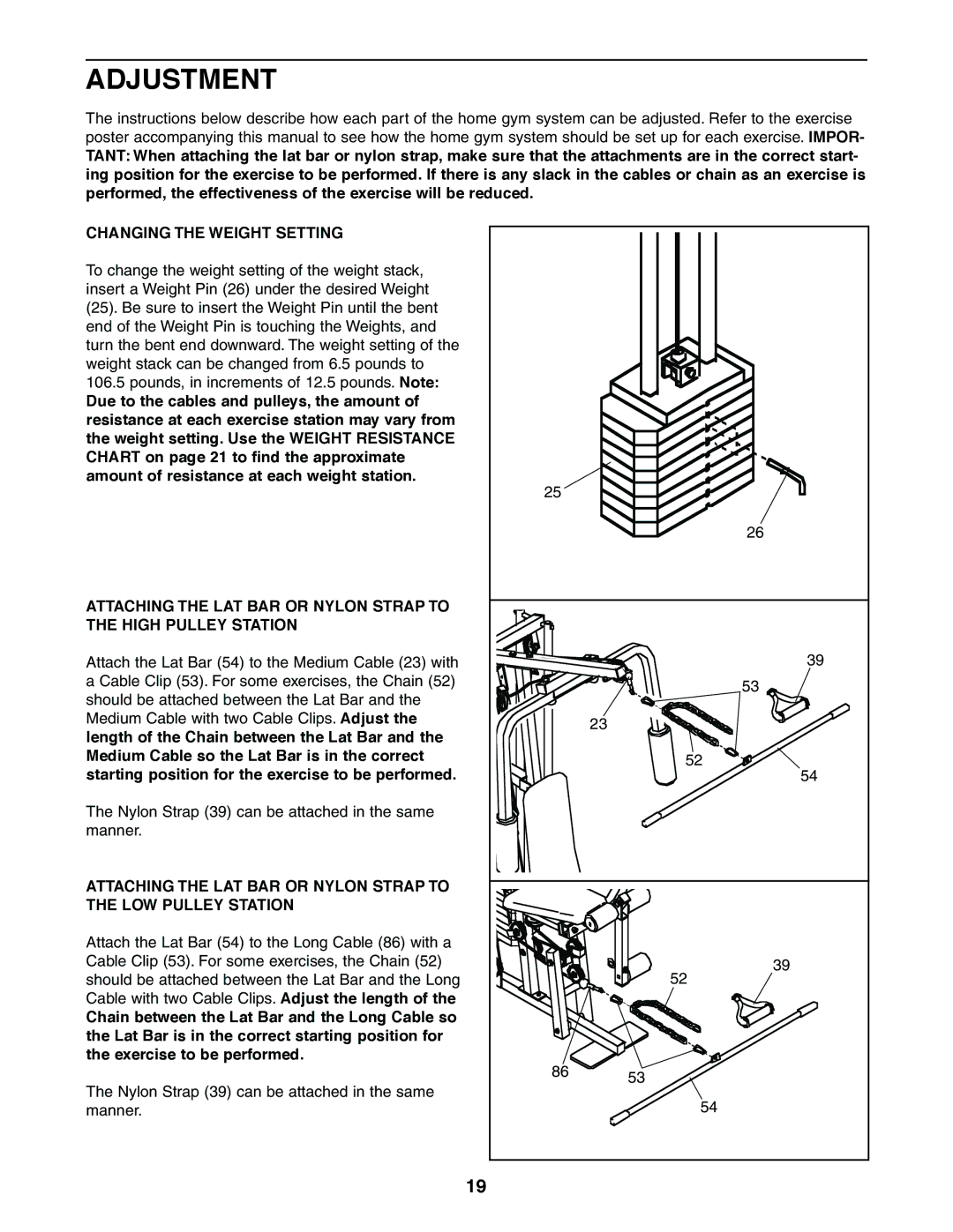 Weider 831.159360 user manual Adjustment, Changing the Weight Setting 