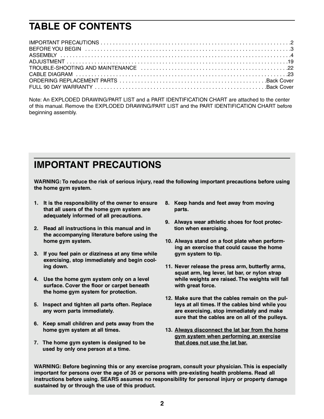 Weider 831.159360 user manual Table of Contents, Important Precautions 