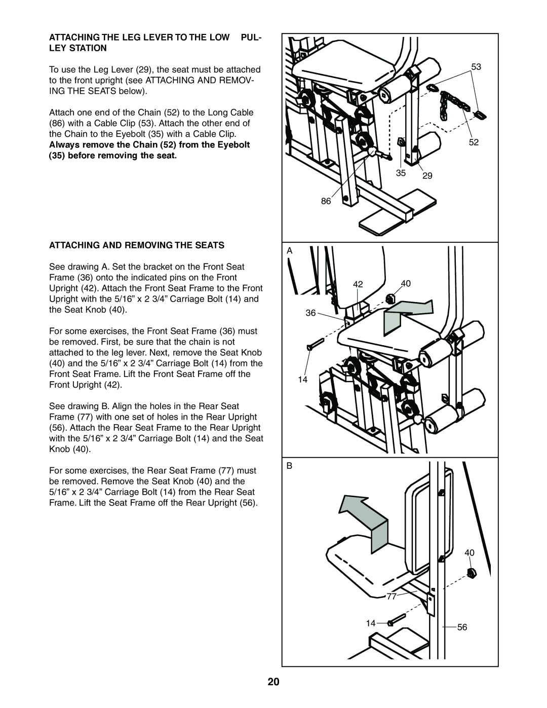 Weider 831.159360 user manual Attaching the LEG Lever to the LOW PUL- LEY Station, Attaching and Removing the Seats 