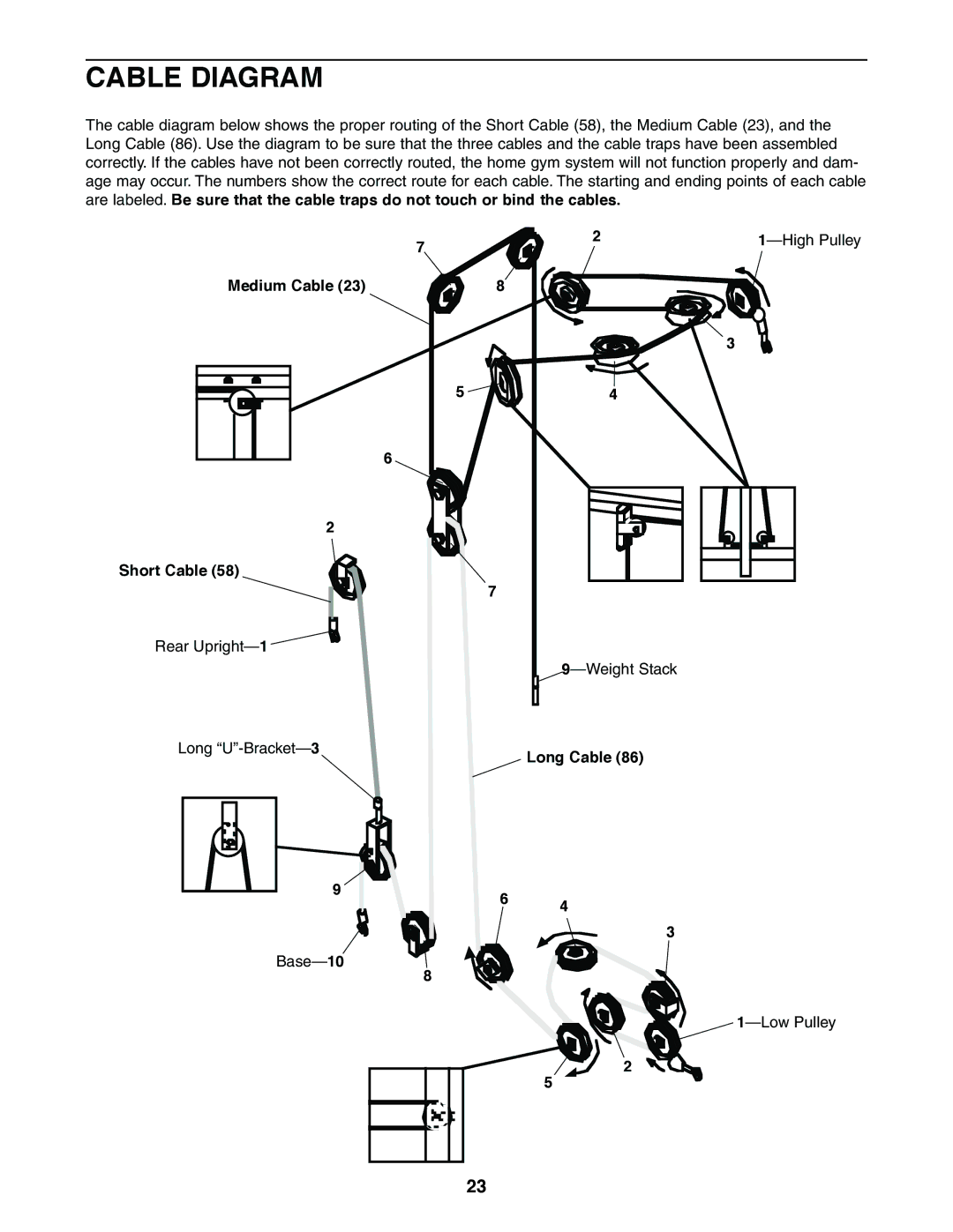 Weider 831.159360 user manual Cable Diagram, High Pulley, Medium Cable Short Cable, Long Cable 