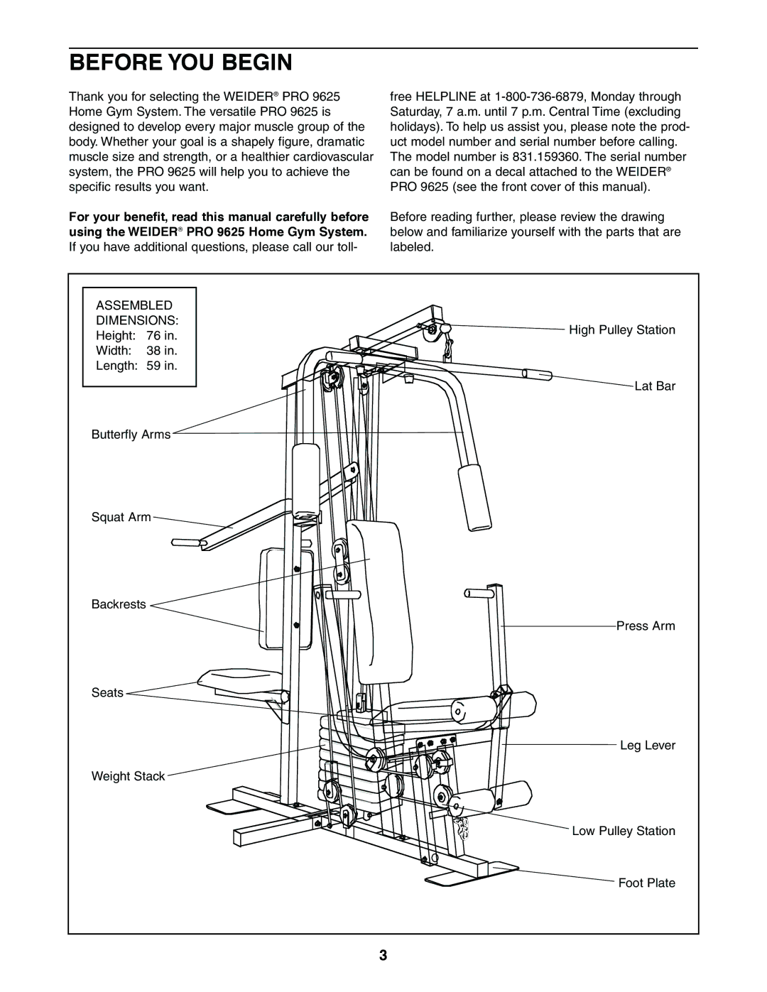 Weider 831.159360 user manual Before YOU Begin, Assembled Dimensions 