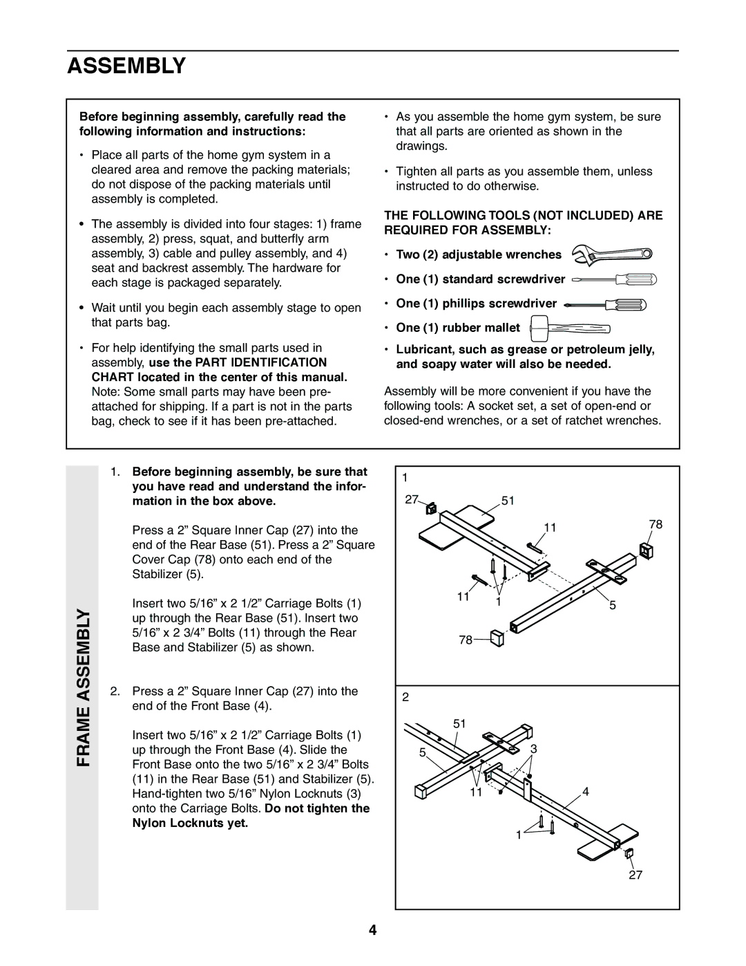 Weider 831.159360 user manual Frame Assembly, Chart located in the center of this manual, Nylon Locknuts yet 