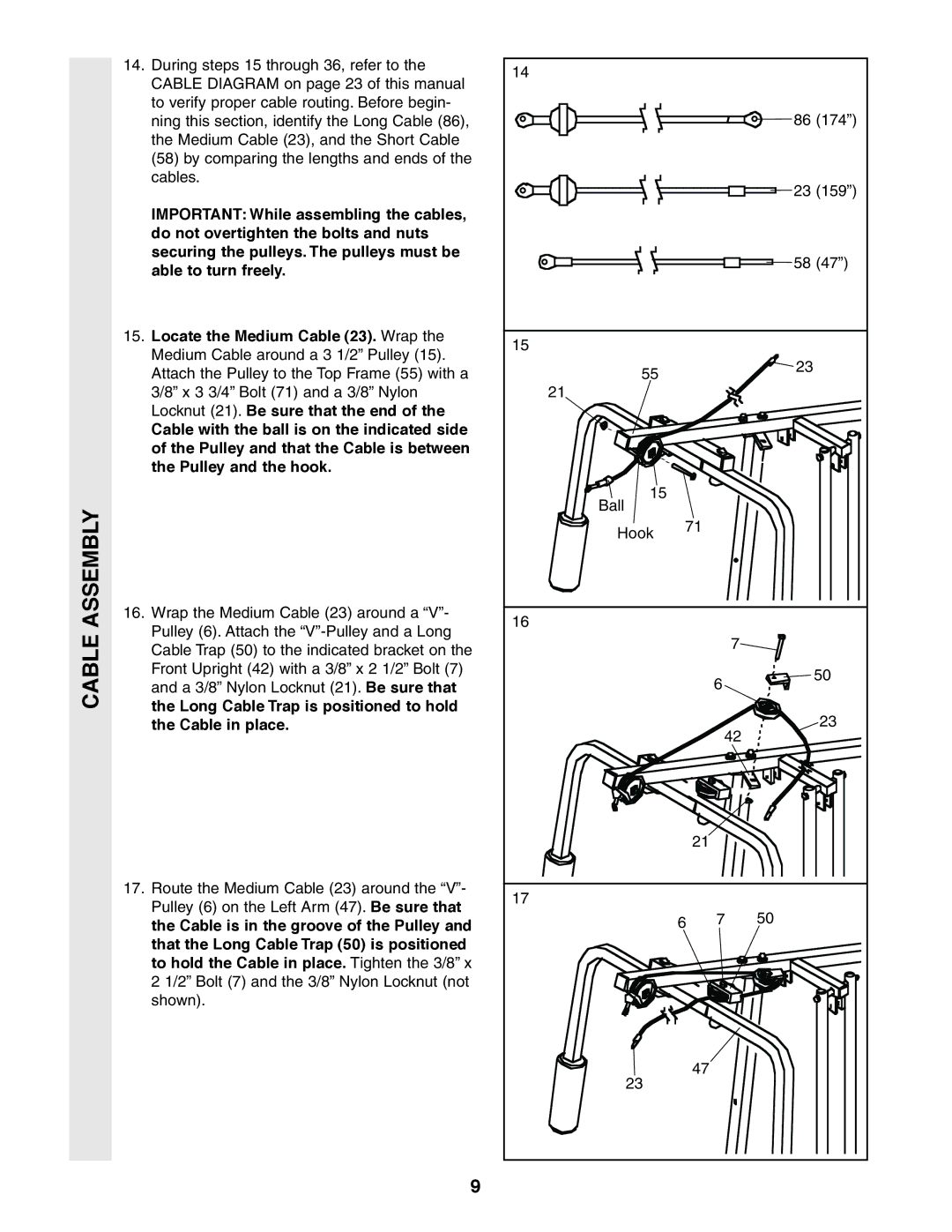 Weider 831.159360 user manual A 3/8 Nylon Locknut 21. Be sure that, Long Cable Trap is positioned to hold, Cable in place 