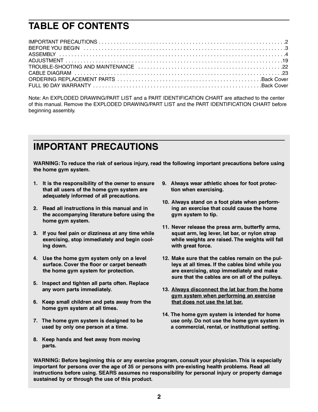 Weider 831.159361 user manual Table of Contents, Important Precautions 