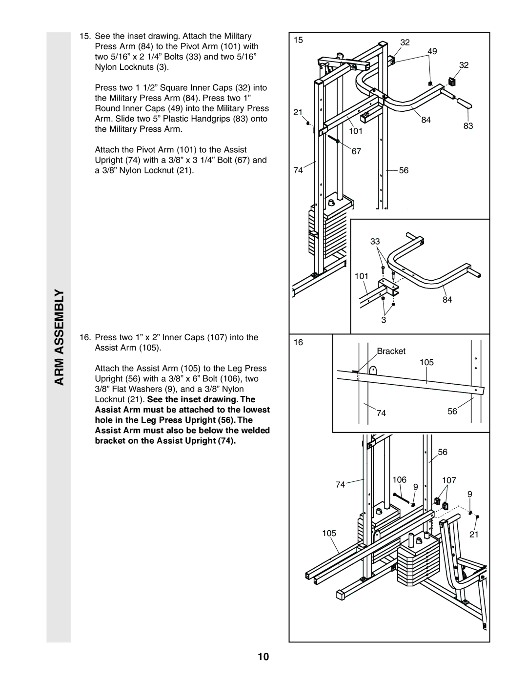 Weider 831.159380 user manual Assembly, Arm 