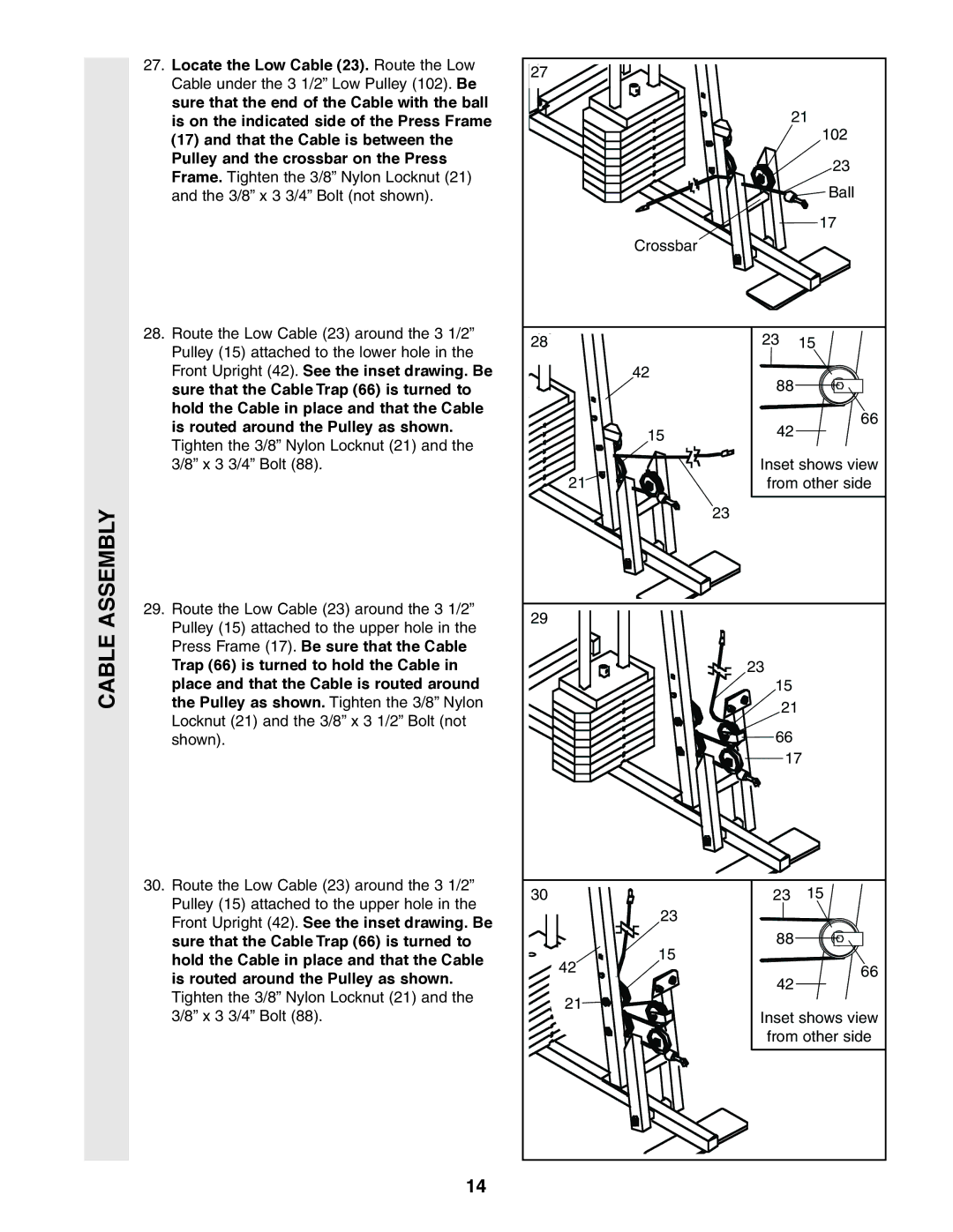 Weider 831.159380 user manual Assembly, Cable 