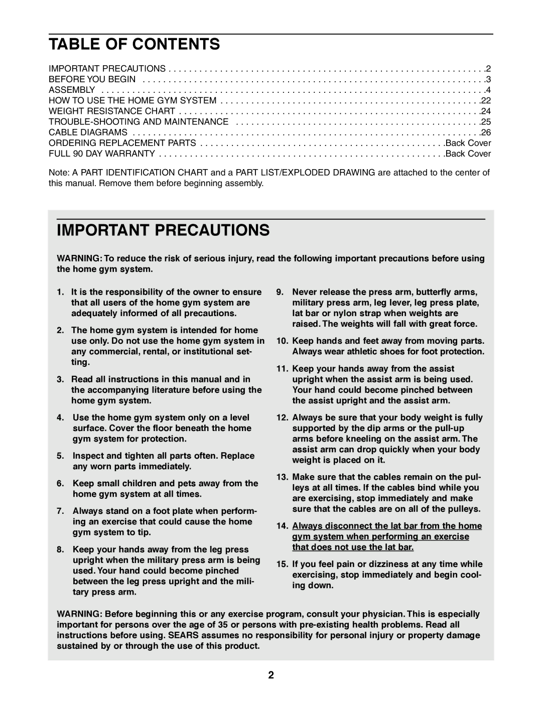 Weider 831.159380 user manual Table of Contents, Important Precautions 