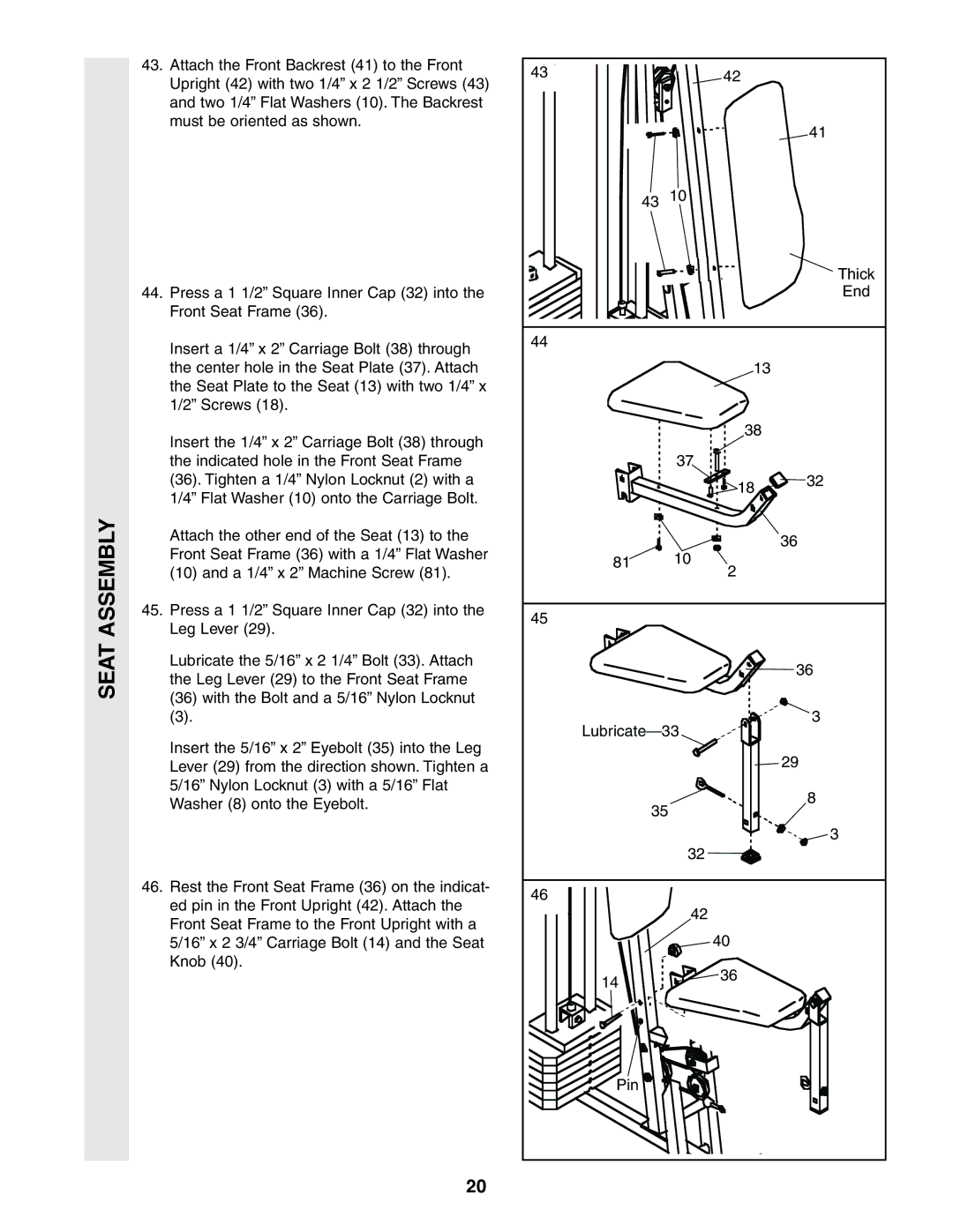 Weider 831.159380 user manual Assembly, Seat 