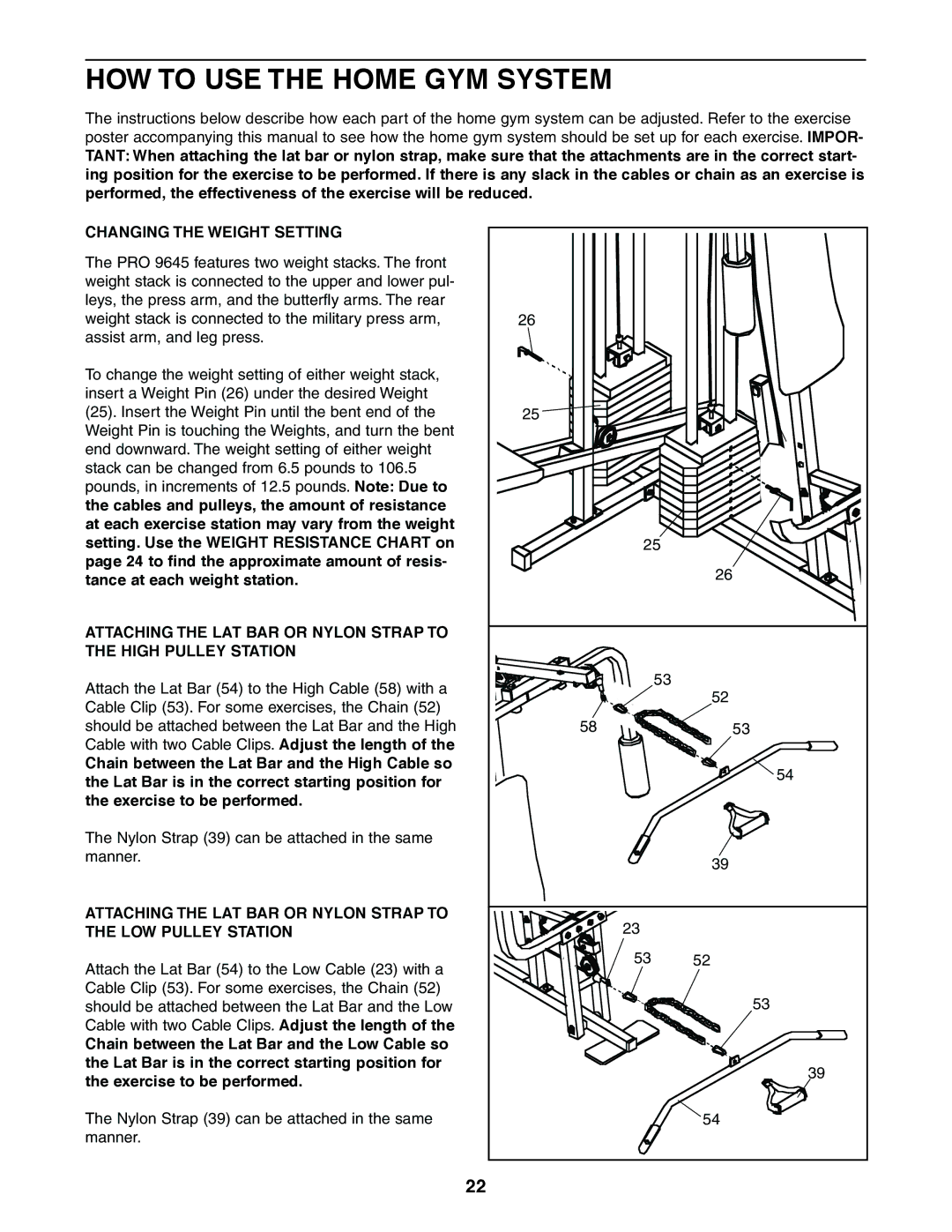 Weider 831.159380 user manual HOW to USE the Home GYM System, Changing the Weight Setting 