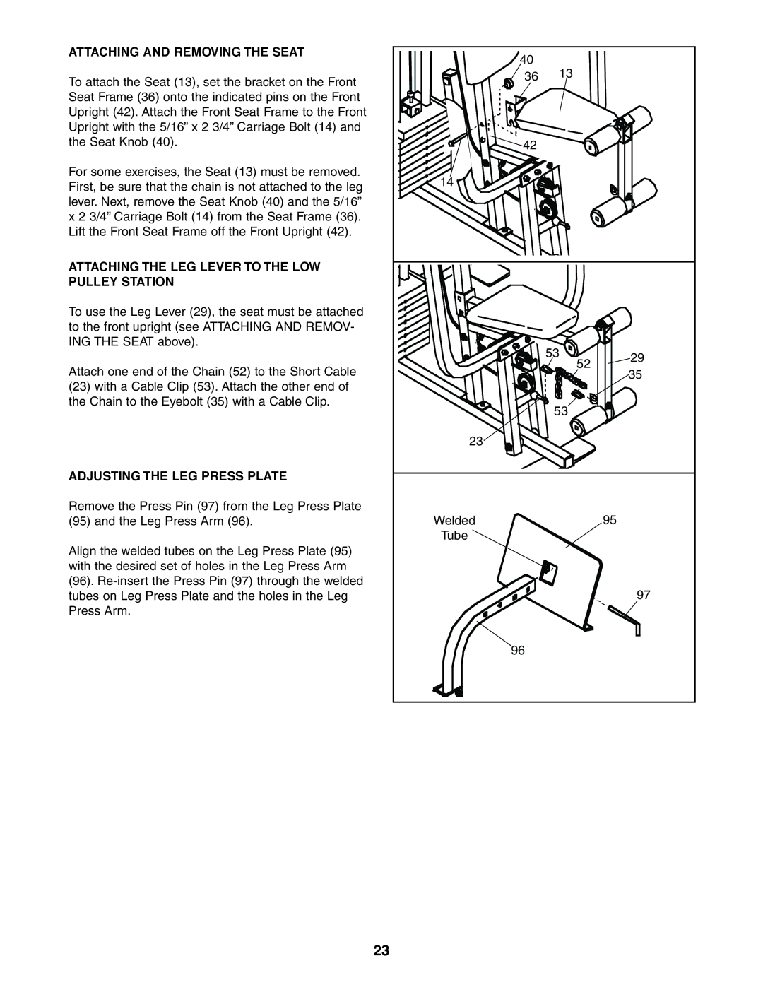 Weider 831.159380 user manual Attaching and Removing the Seat, Attaching the LEG Lever to the LOW Pulley Station 